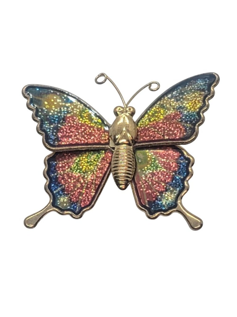 Vintage Gold-Tone Butterfly Brooch Glittery Multicolor Enamel Wings Elegant